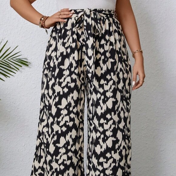 Black Preppy Womens Allover Print Belted Wide Leg Pants - Picture 4 of 5